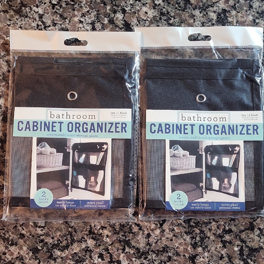 Lot of 2 Cabinet organizer storage bathroom/closet/vanity, black, hooks included